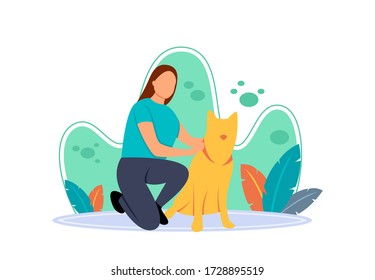 Flat illustration of a girl holding her dog with pleasure. flat cartoon character with the concept of affection of girl to dog. Have free time when at home.