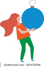 flat illustration of a girl holding a huge Christmas ball