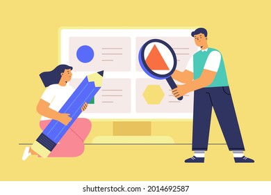 Flat illustration of girl holding pencil and boy holding magnifying glass in front of a computer monitor. Concept of online education or course.