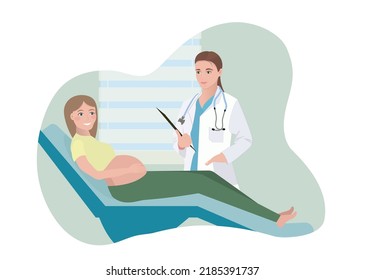 Flat illustration of a girl in a hospital who receives a consultation from a gynecologist. A pregnant girl lies on a gynecological chair in vector.
