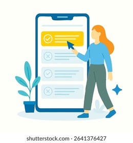 Flat Illustration of Girl Interacting with Smartphone Interface Using Checkmark and Interface Design Elements