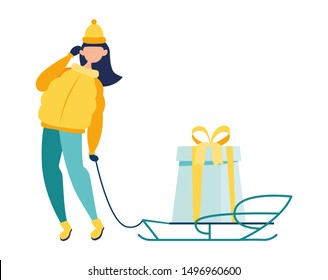 Flat illustration. Girl with long hair buy gift for relatives and lug on sled to home isolated character on white background. Walking Outdoors
