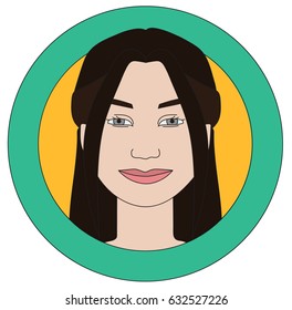 Flat illustration of a girl on a green and yellow background. The girl's face. Vector illustration