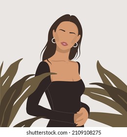 Flat illustration with Girl in palm leaves