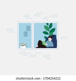 Flat illustration of a girl with a ponytail in the bedroom, sitting on the windowsill reading a book, staying home for the quarantine. Facade of an apartment house, window