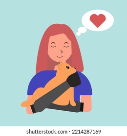 Flat illustration of a girl with prosthetic arms. A disabled girl holds a kitten in her hands. People with disabilities.