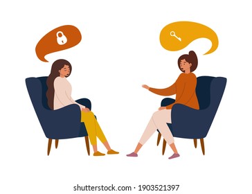 Flat illustration of a girl at a psychologist's appointment. Psychotherapy, the concept of treating mental problems or depression. The psychologist is looking for a key to the patient's locked mind.