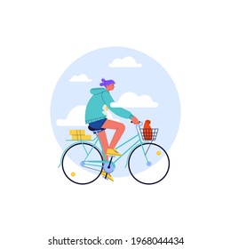 Flat illustration of a girl with purple hair riding turquoise vintage city bicycle with blue sky and clouds cropped in circle on the background