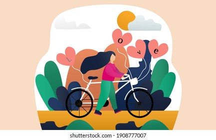 Flat illustration of a girl pushing her bicycle and carrying a balloon that says love for someone she loves