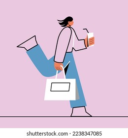 flat illustration of a girl running for shopping. A girl with a bag and a drink in her hands