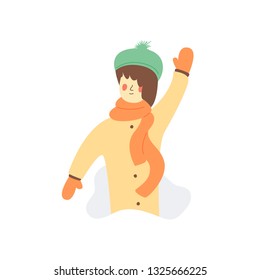 Flat Illustration Girl Said Hello to You. Have Fun.  Girl in Turquoise Hat in Beige Coat and Orange Scarf with Gloves. Cartoon Vector on White Background. Nice Happy Free Time in Winter.