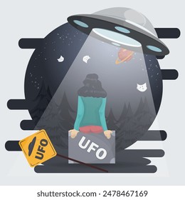 A flat illustration of a girl sitting on a suitcase and waiting to land in a passing UFO in the night forest