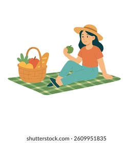 Flat illustration of girl sitting on green plaid with fruit basket. Cute summer picnic scene.