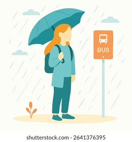 Flat Illustration Girl Standing at a Bus Stop in Rainy Weather Scene