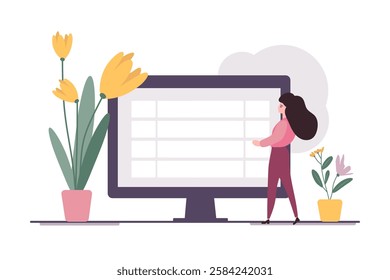 flat illustration, a girl stands near the monitor in the office with flowers, data and archive research, marketing, company