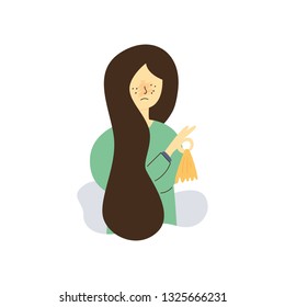 Flat Illustration Girl Suffering from Cold Due to Allergies. Brunette in Turquoise Sweater Holding  Handkerchief. Vector Cartoon on White Background. Girl Need Seasonal Allergy Treatment.