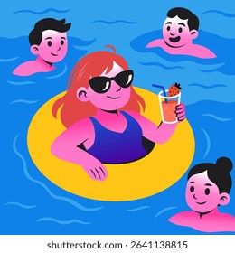 Flat illustration of girl in sunglasses, floating on air ring, holding cold strawberry refreshing cocktail, among bathing people. Vector drawing in cartoon style. Hot vacation on beach, summer holiday