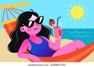 Flat illustration of girl, in sunglasses, lying on hammock, holding cold strawberry refreshing cocktail, by seashore. Vector drawing in cartoon style. Hot vacation on beach, summer holidays.