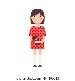 Flat illustration of a girl with a teddy bear. Vector illustration