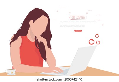 Flat illustration of girl using laptop.