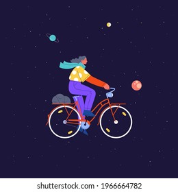 Flat illustration of a girl wearing polka dot shirt riding red vintage city bicycle in the outer space