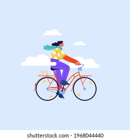 Flat illustration of a girl wearing polka dot shirt riding red vintage city bicycle with blue sky and clouds on the background