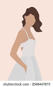 Flat illustration of a girl in a white dress. Young woman in a wedding dress. Light summer holiday illustration. Design for cards, posters, backgrounds, templates, textiles, invitations, avatars.