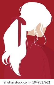 Flat illustration of a girl with white hair in a red jacket. Long hair in a ponytail with a red bow. Contemporary illustration. Design for cards, posters, backgrounds, textiles, templates.