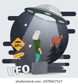 Flat illustration, a girl with white hair in a green shirt is waiting for a UFO flying past in the night forest