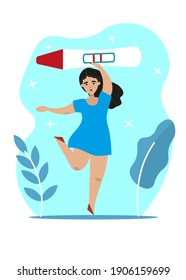 A flat illustration of a girl who got pregnant and is very happy. A banner, poster for print, some medical projects. Vector. EPS 10