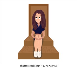 Flat illustration of a girl who sits on the porch, hugging her knees and looking at the sky. Isolated on white background in vector.