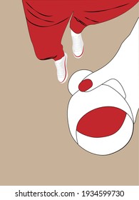 Flat illustration of a girl with wine. Top view of a female hand with a grocery. Girl in jeans and sneakers. Design for cards, posters, backgrounds, textiles, templates, backgrounds.