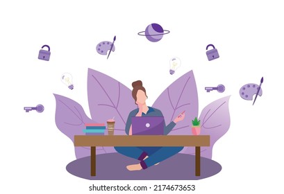 Flat illustration girl working creativity productivity business space