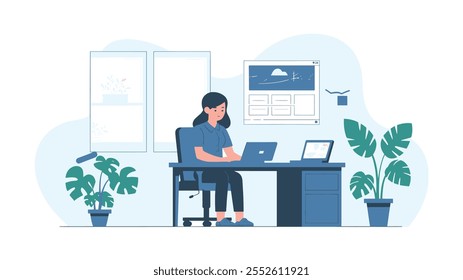 Flat Illustration of a Girl Working on a Laptop in a Memphis Style Office