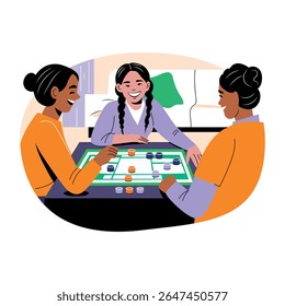 A flat illustration of girls playing a board game