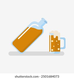Flat illustration a glass of beer, bottle beer