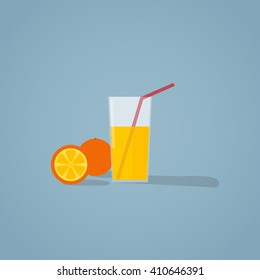 Flat illustration of glass of natural fresh orange juice and orange fruit.