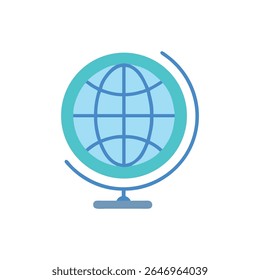 Uma ilustração plana de um globo contra o preto, apresentando linhas e cores simples e azuis. Minimalista e perfeito para fins geográficos, de viagem ou educacionais.