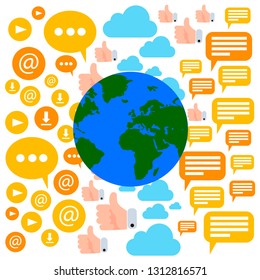 Flat illustration of a globe with a lot of internet icons behind