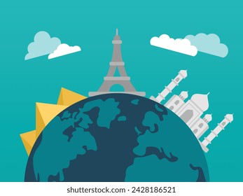 Flat illustration of a Globe of Unity symbol with various cultural elements from various countries.