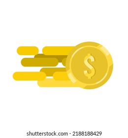 ilustración plana de la moneda de oro con el símbolo del dólar moviéndose rápidamente aislado en fondo blanco