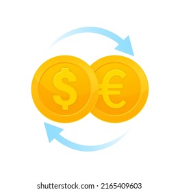 Flat illustration with gold currency exchange dollar to euro for concept design. Vector illustration