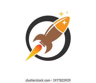 flat illustration of golden rocket with sparkle stars	