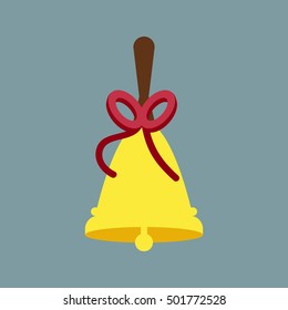 Flat illustration of golden school bell with red ribbon icon