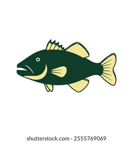 Flat illustration of a goliath grouper with deep green body, broad shape, minimalistic design, clean background, modern aesthetic