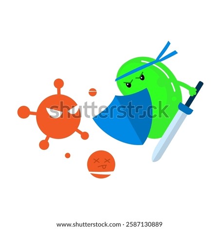Flat illustration of good bacteria fighting harmful bacteria, symbolizing probiotics, gut health, and immune support. microbial battle concept represents microbiome balance