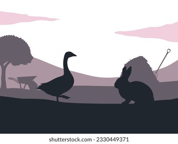 Flat Illustration of Goose and Rabbit in Farm Live. Silhouette Vector Illustration.