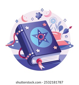 Eine flache Illustration eines gotischen Buches mit mystischem Zeichen