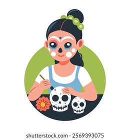 A flat illustration of a gothic girl painting on skull 