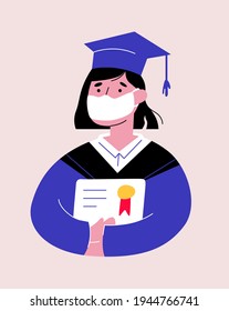 Flat illustration of a graduate in a mask, gown and cap of a graduate with a document of education with a seal